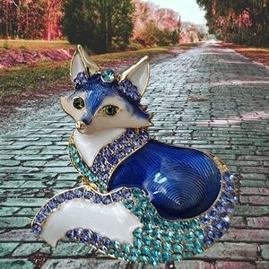 Blue Enamel And Rhinestone Fox Brooch